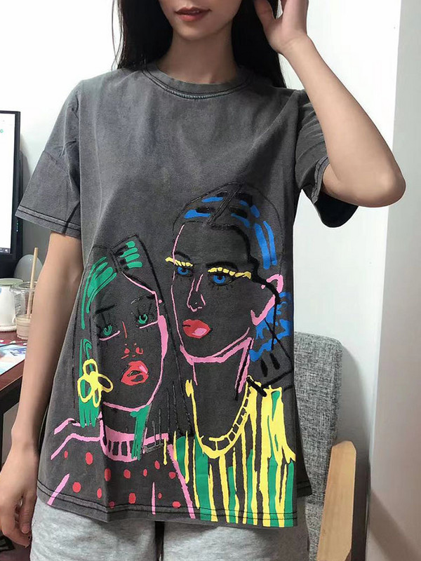 Zach AiIsa primăvară și vară nou temperament simplu și versatil tricou cu mâneci scurte cu gât rotund, drept, casual, imprimat