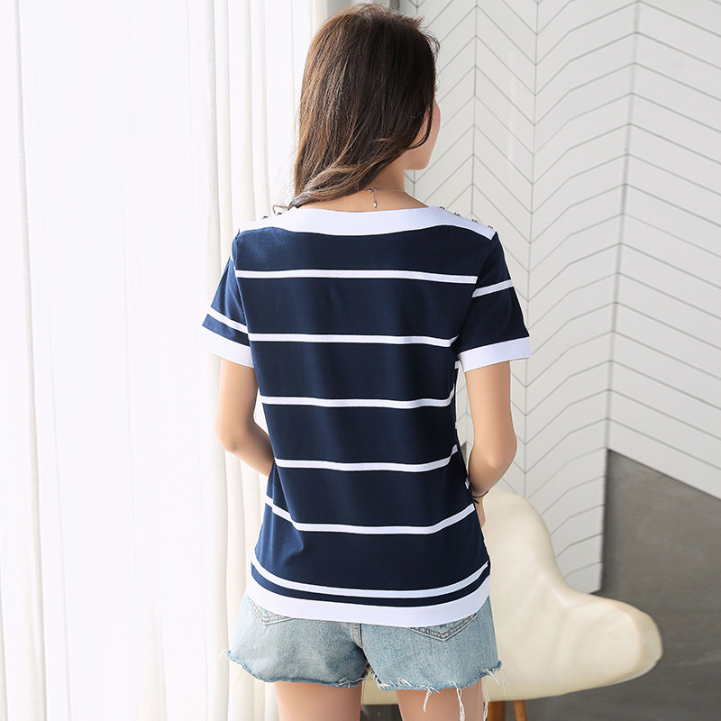 Lady 2022 nyári kék fehér csíkos, rövid ujjú pamut póló női gombos O-nyakú, elegáns nagy méretű póló női divat felsők