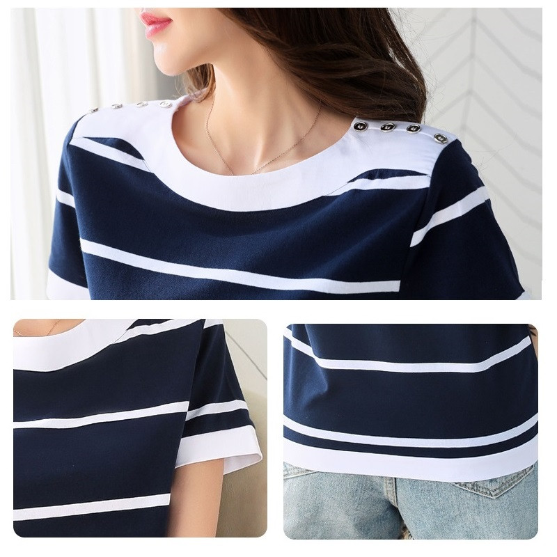 Lady 2022 nyári kék fehér csíkos, rövid ujjú pamut póló női gombos O-nyakú, elegáns nagy méretű póló női divat felsők