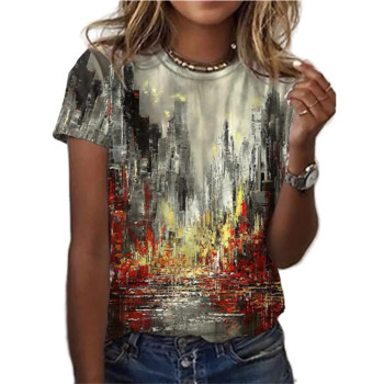 2021 Trend γυναικείο κοντομάνικο μπλουζάκι, 3D πουκάμισο με λουλούδια ελαιογραφία, καλοκαιρινό στρογγυλό λαιμό φαρδύ και άνετο μπλουζάκι