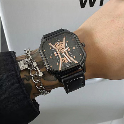 Modern négyzet alakú férfi karóra bőr szíjjal