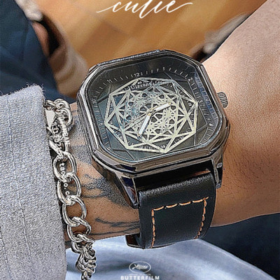 Modern négyzet alakú férfi karóra bőr szíjjal