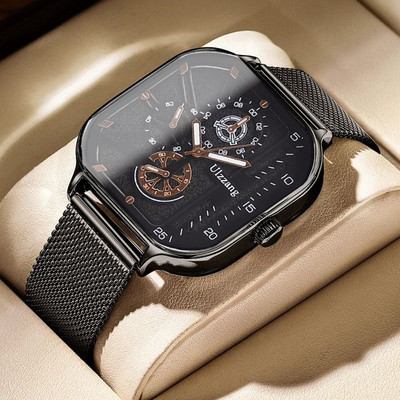 Modern négyzet alakú férfi karóra bőr szíjjal