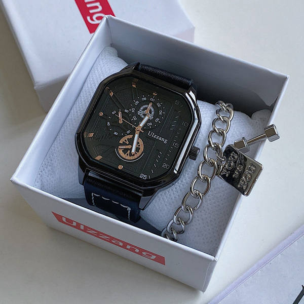 Modern négyzet alakú férfi karóra bőr szíjjal