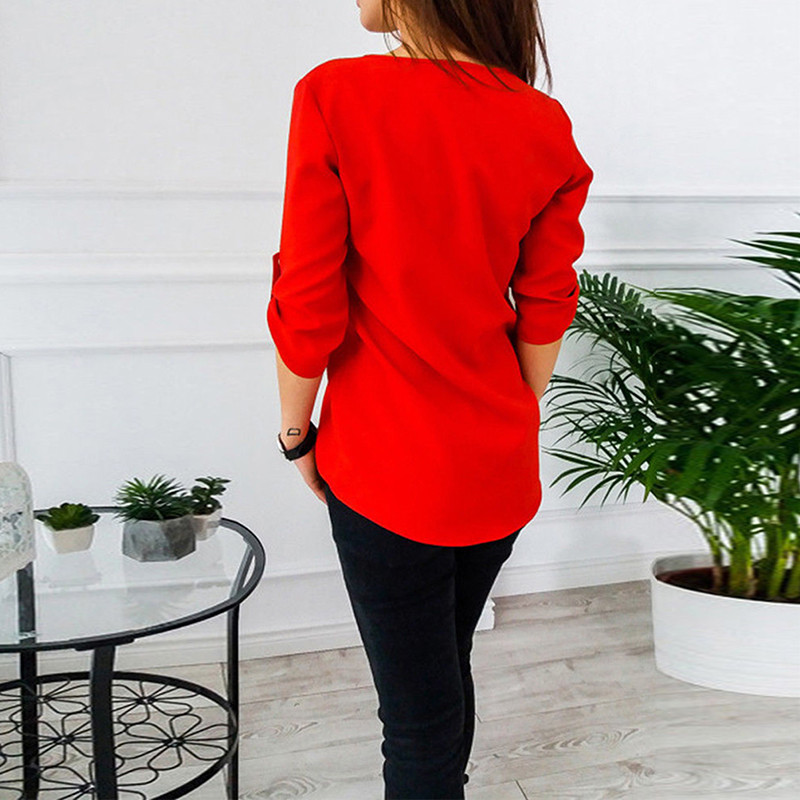 Vasaros naujos mados V kaklo užtrauktuku suvynioti ilgomis rankovėmis laisvi marškinėliai Moteriški pavasario vasaros laisvalaikio šifoniniai marškinėliai 