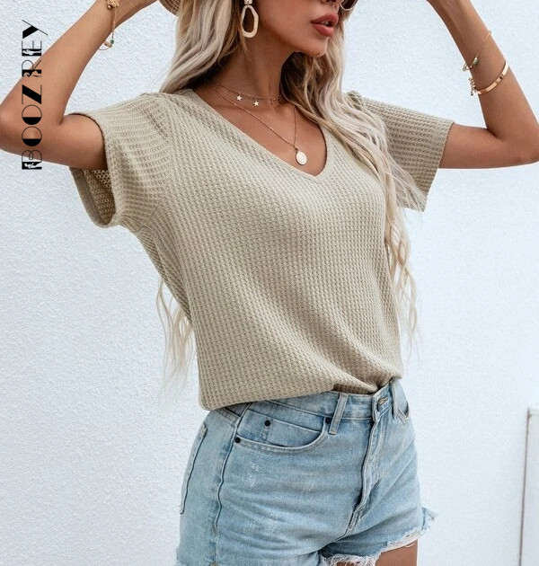 „BoozRey“ vaflinis megztas V kaklelis, vientisas marškinėliai, moteriški marškinėliai vasaros laisvalaikiui, minkšti apatiniai marškinėliai, moteriški laisvi trumpi viršutiniai 2022 m. moteriški drabužiai