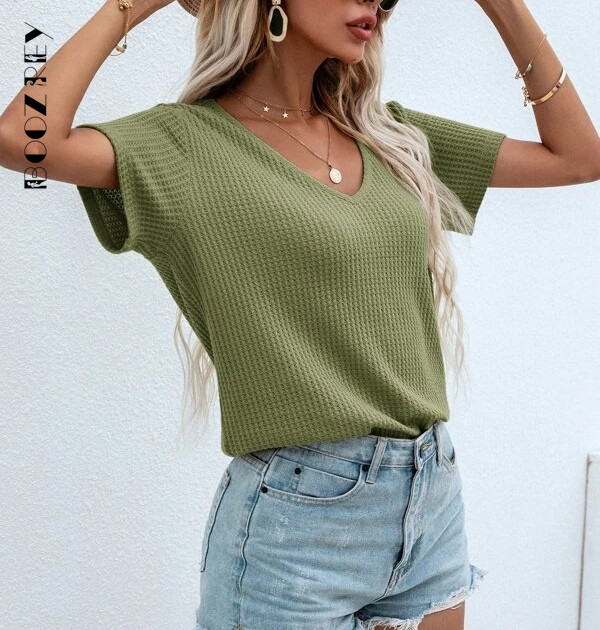 „BoozRey“ vaflinis megztas V kaklelis, vientisas marškinėliai, moteriški marškinėliai vasaros laisvalaikiui, minkšti apatiniai marškinėliai, moteriški laisvi trumpi viršutiniai 2022 m. moteriški drabužiai
