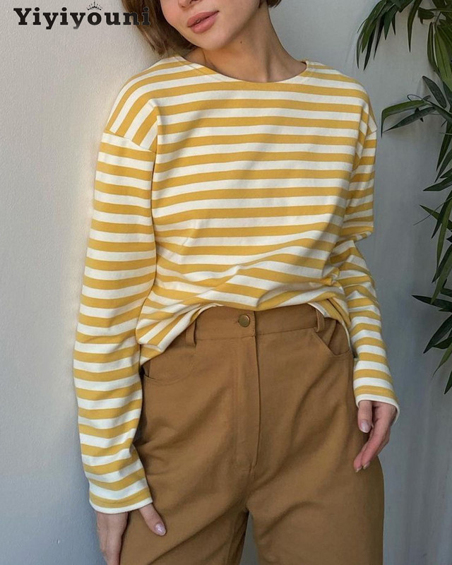 Yiyiyouni rudeniniai ilgomis rankovėmis laisvi dryžuoti marškinėliai Moteriški laisvalaikio medvilniniai marškinėliai, moteriški megzti viršutiniai marškinėliai Harajuku 2022 Gothic