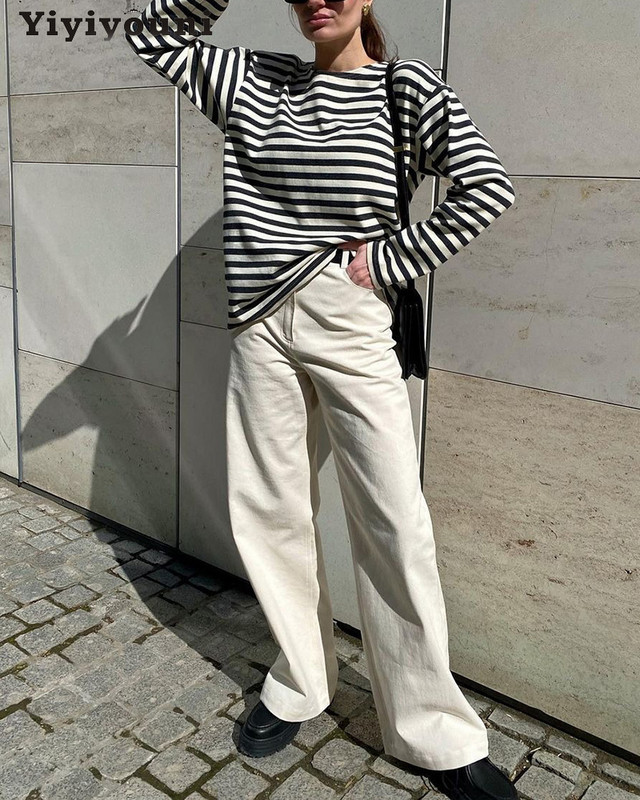 Yiyiyouni rudeniniai ilgomis rankovėmis laisvi dryžuoti marškinėliai Moteriški laisvalaikio medvilniniai marškinėliai, moteriški megzti viršutiniai marškinėliai Harajuku 2022 Gothic