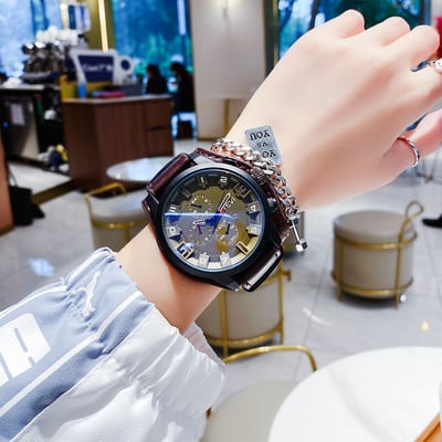 Vyriškas laikrodis su apvaliu ciferblatu ir odiniu dirželiu