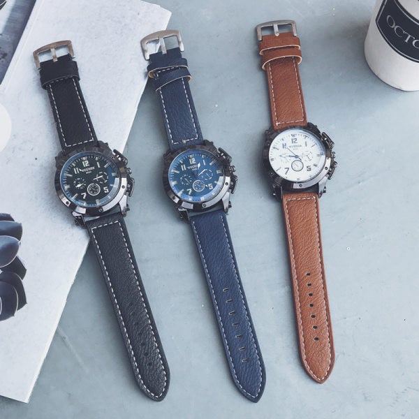 Vyriškas laikrodis su apvaliu ciferblatu ir odiniu dirželiu