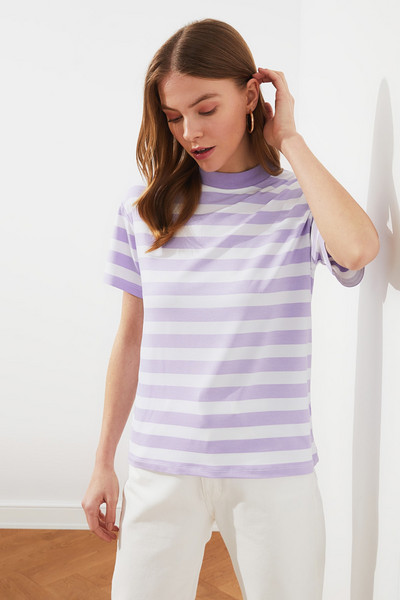 „Trendyol Striped Basic“ permatoma iškirptė megzti marškinėliai, moteriški 2021 m. apranga, madinga, kokybiška, vasaros pavasario marškinėliai, nauji laisvalaikio viršūnės, moteriškos, 2021 m. TWOSS21TS1204