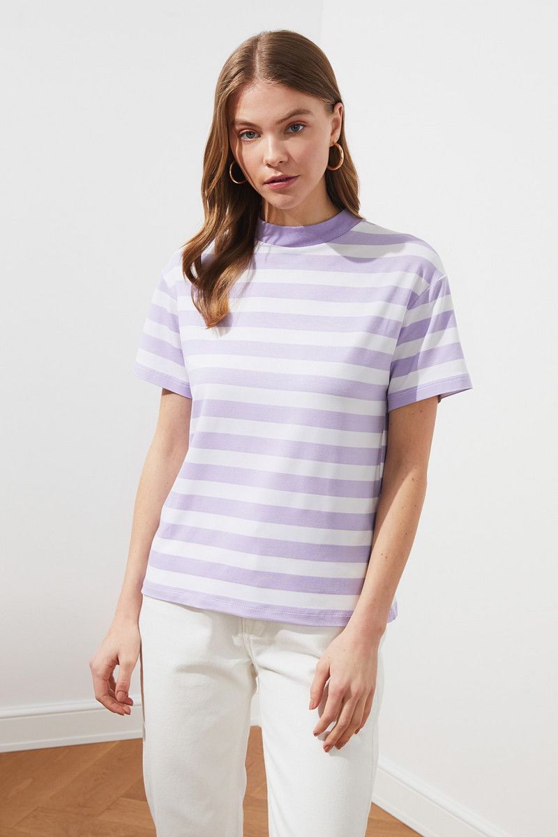 Trendyol Striped Basic läbipaistva kaelusega silmkoeline T-särk naiste 2021 riietus Moodne kvaliteet suvekevadine T-särk Uus vabaaja topid, naiste 2021 TWOSS21TS1204