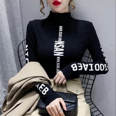 Tricou cu fundul cu gâtul mijlociu și înalt Elastic Inner Ride Femme Tricou Topuri toamnă iarnă cu imprimare caldă de litere Streetwear Tricouri pentru femei