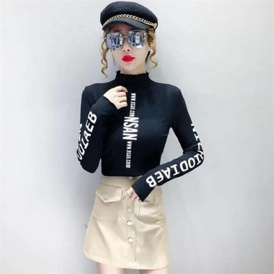 Középmagas nyakú alsó alsó póló Elasztikus Inner Ride Femme Tee Tops őszi tél meleg betűnyomásos Streetwear Női pólók