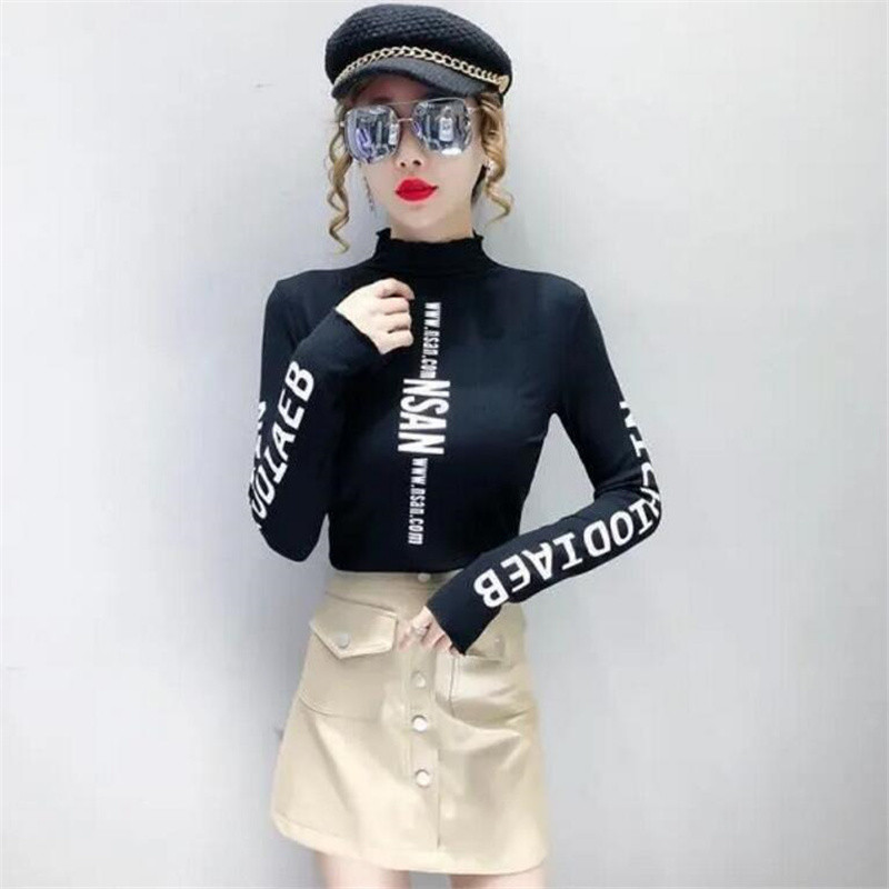 Középmagas nyakú alsó alsó póló Elasztikus Inner Ride Femme Tee Tops őszi tél meleg betűnyomásos Streetwear Női pólók