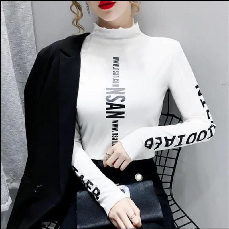 Középmagas nyakú alsó alsó póló Elasztikus Inner Ride Femme Tee Tops őszi tél meleg betűnyomásos Streetwear Női pólók