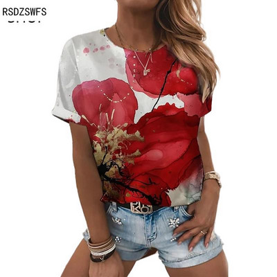 SUPERNATURAL Moteriški marškinėliai trumpomis rankovėmis su gėlėmis 3D spausdinimu trumpomis rankovėmis Vasaros madingi Laisvi, minkšti, apvalaus kaklo viršutiniai moteriški marškinėliai
