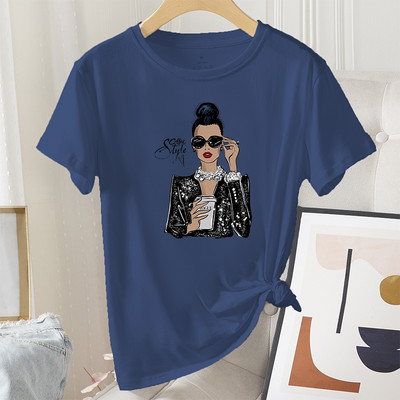 Madingi vasaros moteriški marškinėliai, grafiniai laisvalaikio 100 % medvilnės trumpomis rankovėmis Coffee Lady Print Moteriški vintažiniai kasdieniai marškinėliai su iškirpte