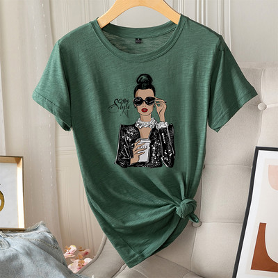 Madingi vasaros moteriški marškinėliai, grafiniai laisvalaikio 100 % medvilnės trumpomis rankovėmis Coffee Lady Print Moteriški vintažiniai kasdieniai marškinėliai su iškirpte