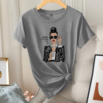 Madingi vasaros moteriški marškinėliai, grafiniai laisvalaikio 100 % medvilnės trumpomis rankovėmis Coffee Lady Print Moteriški vintažiniai kasdieniai marškinėliai su iškirpte