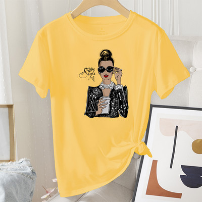 Madingi vasaros moteriški marškinėliai, grafiniai laisvalaikio 100 % medvilnės trumpomis rankovėmis Coffee Lady Print Moteriški vintažiniai kasdieniai marškinėliai su iškirpte