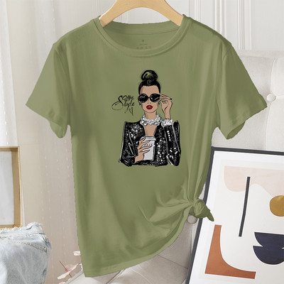 Madingi vasaros moteriški marškinėliai, grafiniai laisvalaikio 100 % medvilnės trumpomis rankovėmis Coffee Lady Print Moteriški vintažiniai kasdieniai marškinėliai su iškirpte