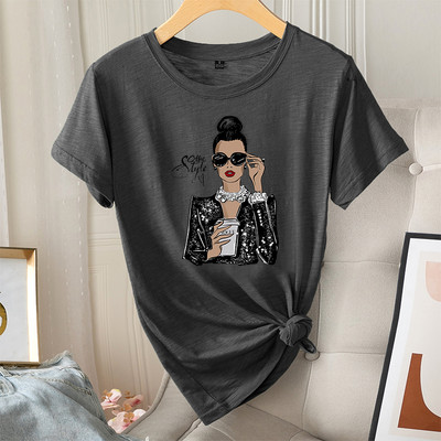 Madingi vasaros moteriški marškinėliai, grafiniai laisvalaikio 100 % medvilnės trumpomis rankovėmis Coffee Lady Print Moteriški vintažiniai kasdieniai marškinėliai su iškirpte