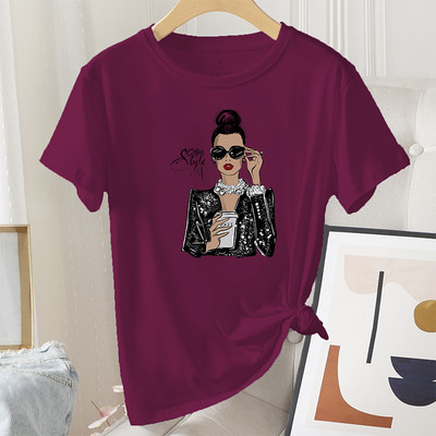 Madingi vasaros moteriški marškinėliai, grafiniai laisvalaikio 100 % medvilnės trumpomis rankovėmis Coffee Lady Print Moteriški vintažiniai kasdieniai marškinėliai su iškirpte