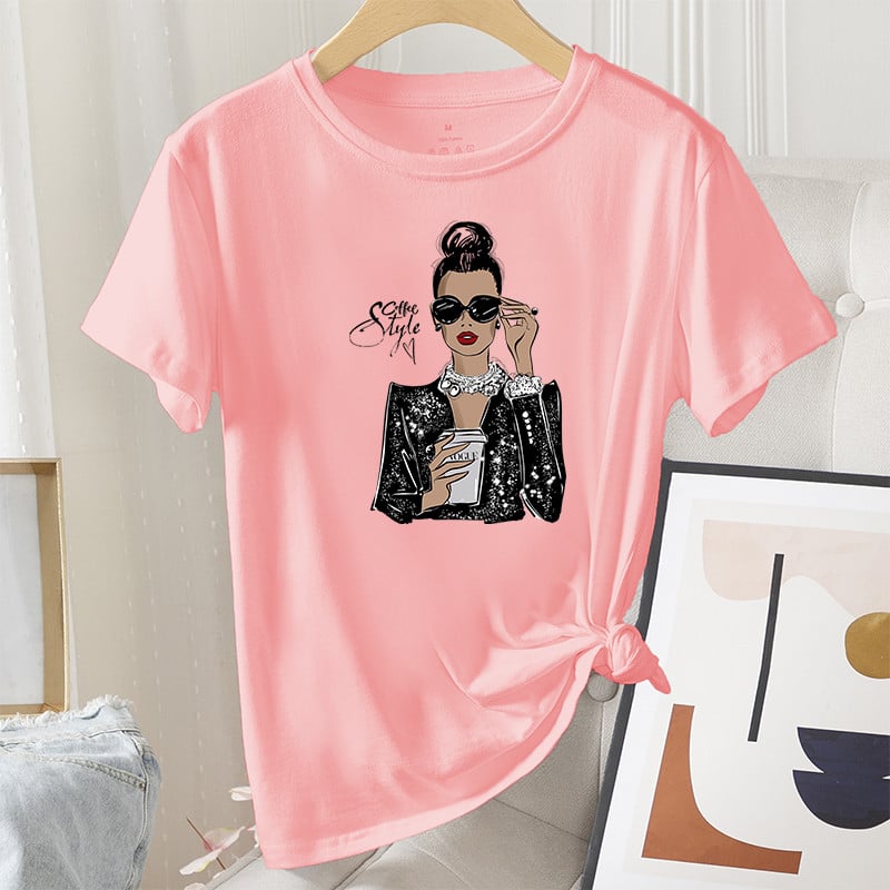 Madingi vasaros moteriški marškinėliai, grafiniai laisvalaikio 100 % medvilnės trumpomis rankovėmis Coffee Lady Print Moteriški vintažiniai kasdieniai marškinėliai su iškirpte