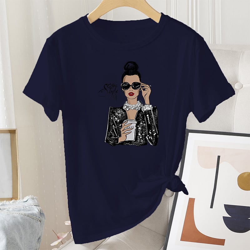 Madingi vasaros moteriški marškinėliai, grafiniai laisvalaikio 100 % medvilnės trumpomis rankovėmis Coffee Lady Print Moteriški vintažiniai kasdieniai marškinėliai su iškirpte