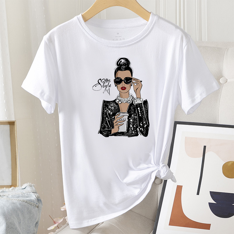 Madingi vasaros moteriški marškinėliai, grafiniai laisvalaikio 100 % medvilnės trumpomis rankovėmis Coffee Lady Print Moteriški vintažiniai kasdieniai marškinėliai su iškirpte