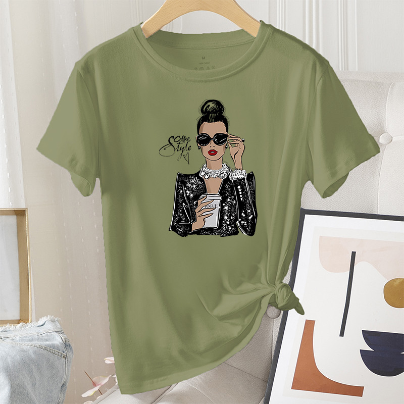 Madingi vasaros moteriški marškinėliai, grafiniai laisvalaikio 100 % medvilnės trumpomis rankovėmis Coffee Lady Print Moteriški vintažiniai kasdieniai marškinėliai su iškirpte