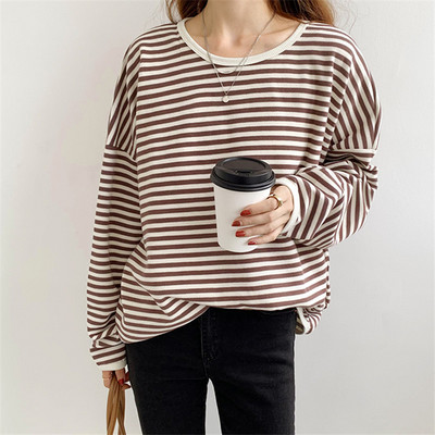 REALEFT 2021 új őszi téli csíkos női pólók Vintage, hosszú ujjú, O-nyakú, hétköznapi ingek Női kötő felsők Lady