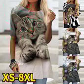 2022 m. vasaros moteriškos mielos katės megztinis su 3D spausdinimu, elegantiškas moteriškas trumpomis rankovėmis apvaliomis rankovėmis, laisvalaikio viršūnės, dideli marškinėliai