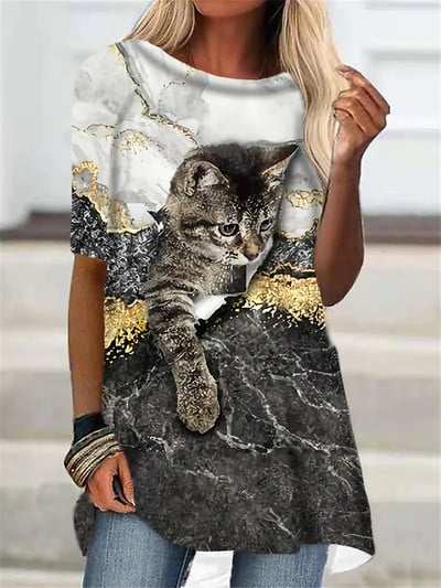 2022 m. vasaros moteriškos mielos katės megztinis su 3D spausdinimu, elegantiškas moteriškas trumpomis rankovėmis apvaliomis rankovėmis, laisvalaikio viršūnės, dideli marškinėliai