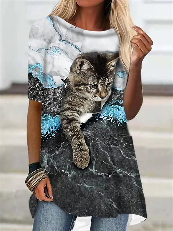 2022 m. vasaros moteriškos mielos katės megztinis su 3D spausdinimu, elegantiškas moteriškas trumpomis rankovėmis apvaliomis rankovėmis, laisvalaikio viršūnės, dideli marškinėliai