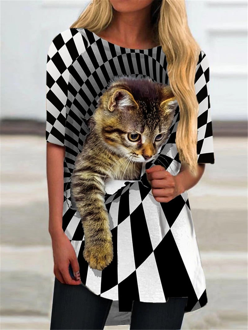 2022 m. vasaros moteriškos mielos katės megztinis su 3D spausdinimu, elegantiškas moteriškas trumpomis rankovėmis apvaliomis rankovėmis, laisvalaikio viršūnės, dideli marškinėliai