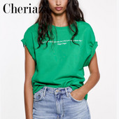 2022 m. vasaros moteris, žalia laisvalaikio teksto siuvinėjimas marškinėliai apvaliu kaklu, vienspalviai moteriški, trumpomis rankovėmis, trumpomis rankovėmis.