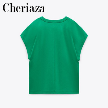 2022 Summer Woman Green Leisure T-shirt Κέντημα με στρογγυλή λαιμόκοψη μονόχρωμο γυναικείο λαιμόκοψη Βασικό κοντομάνικο Street Top Mujer