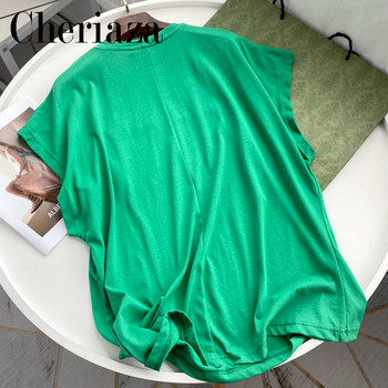 2022 Summer Woman Green Leisure T-shirt Κέντημα με στρογγυλή λαιμόκοψη μονόχρωμο γυναικείο λαιμόκοψη Βασικό κοντομάνικο Street Top Mujer