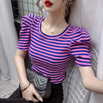 Καλοκαίρι 2021 Κοριτσίστικα μπλουζάκια με λαιμόκοψη Γυναικεία λεπτή κοντό μανίκι με ριγέ vintage γυναικείο μπλουζάκι
