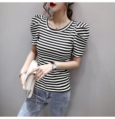 2021 m. vasaros mergaičių marškinėliai O formos iškirpte Viršutiniai moteriški ploni trumpomis pūstomis rankovėmis vintažiniai dryžuoti marškinėliai, moteriški