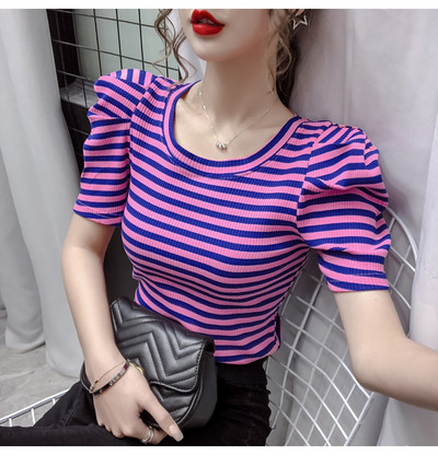 2021 m. vasaros mergaičių marškinėliai O formos iškirpte Viršutiniai moteriški ploni trumpomis pūstomis rankovėmis vintažiniai dryžuoti marškinėliai, moteriški