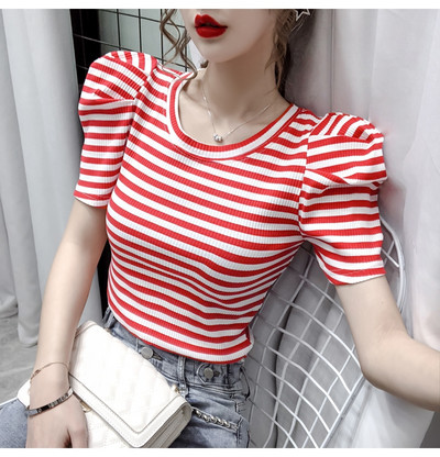 2021 m. vasaros mergaičių marškinėliai O formos iškirpte Viršutiniai moteriški ploni trumpomis pūstomis rankovėmis vintažiniai dryžuoti marškinėliai, moteriški