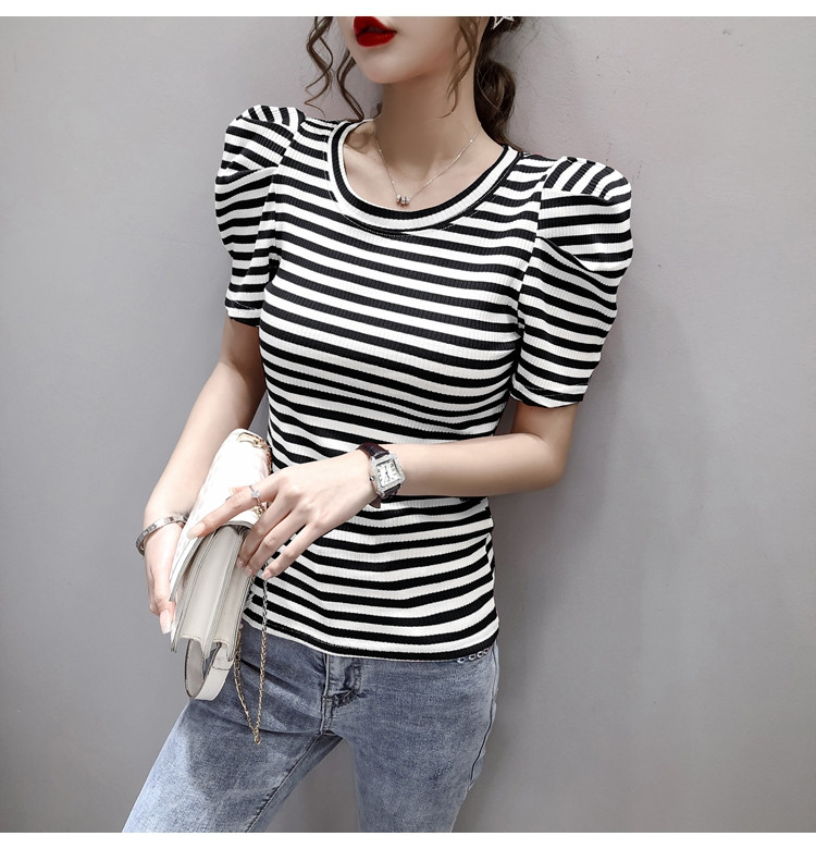 2021 m. vasaros mergaičių marškinėliai O formos iškirpte Viršutiniai moteriški ploni trumpomis pūstomis rankovėmis vintažiniai dryžuoti marškinėliai, moteriški