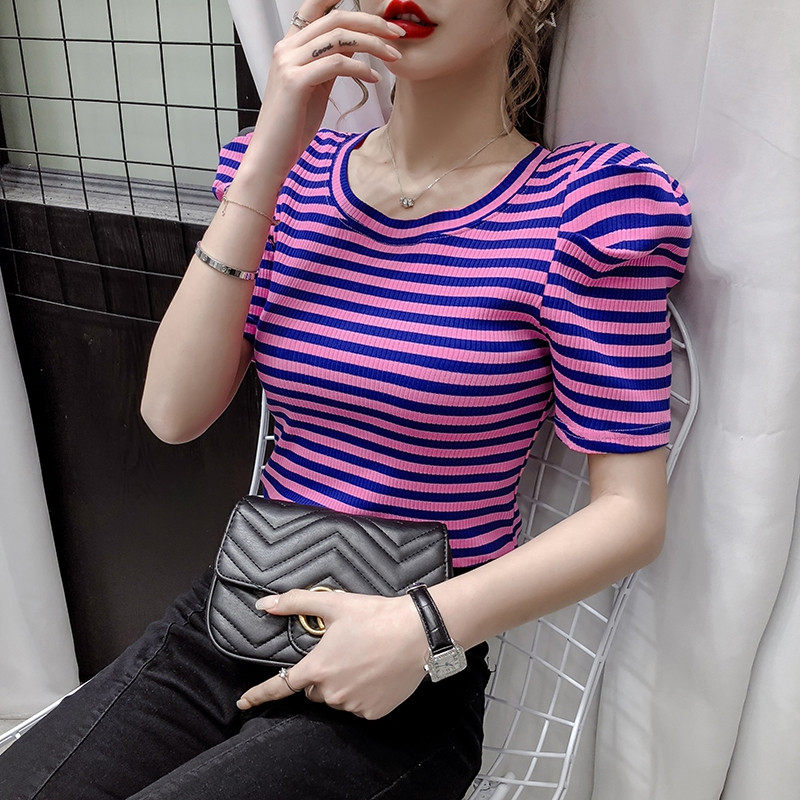 2021 m. vasaros mergaičių marškinėliai O formos iškirpte Viršutiniai moteriški ploni trumpomis pūstomis rankovėmis vintažiniai dryžuoti marškinėliai, moteriški