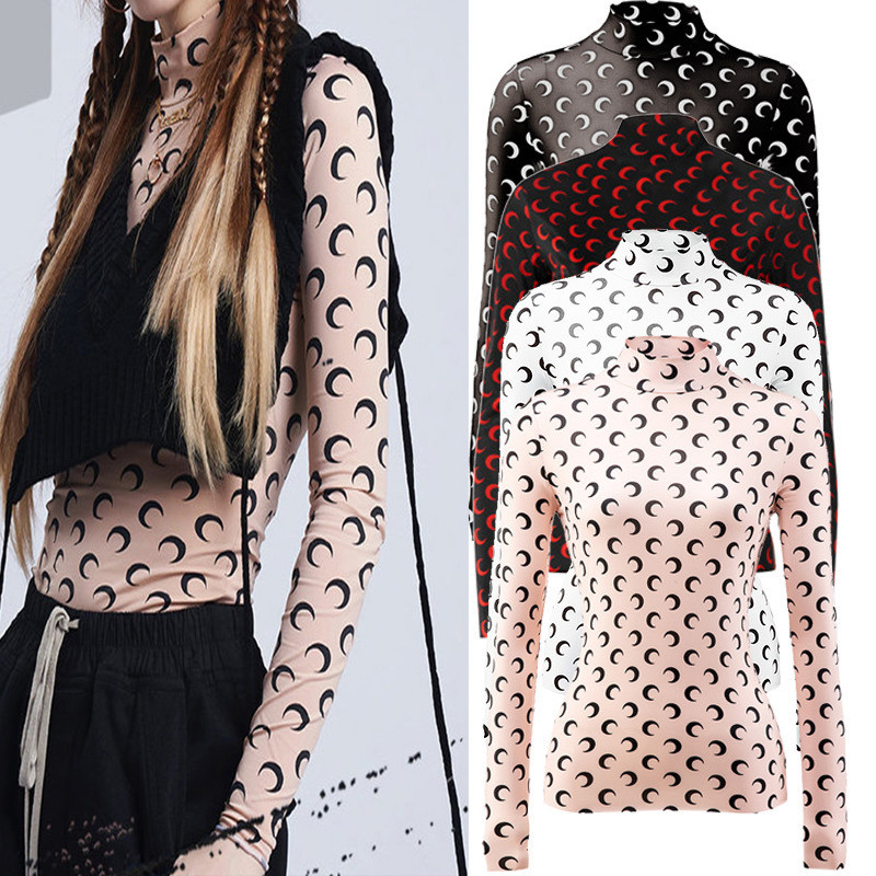 Karštas išpardavimas Mėnulio apačią mažinantys marškinėliai Ploni drabužiai Apsauga nuo saulės Ledinio šilko viršutinė apvali kaklo marškinėliai su aukšta apykakle Madingi jaunaties marginimo marškinėliai