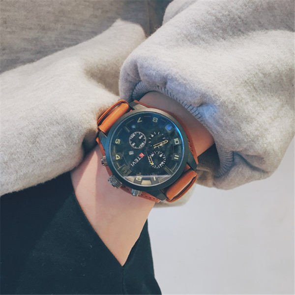 Vyriškas laikrodis su apvaliu ciferblatu ir ekologiškos odos apyranke