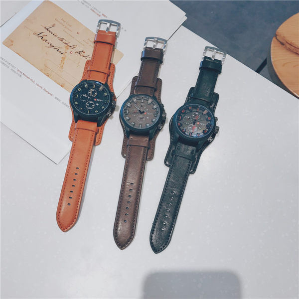 Vyriškas laikrodis su apvaliu ciferblatu ir ekologiškos odos apyranke